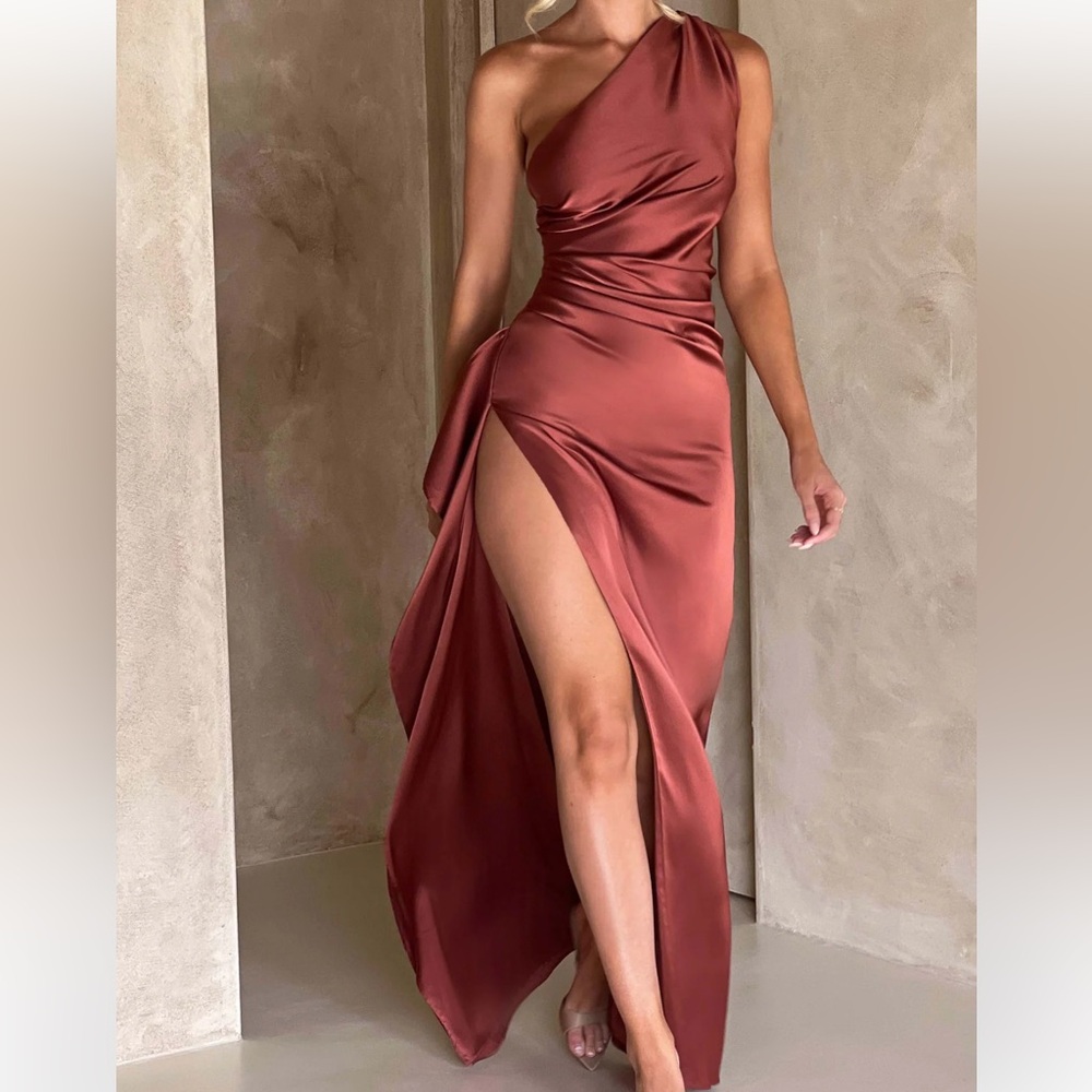Elegant One Shoulder Satin Dress in Rich Copper